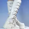 Sapatos de vestido Mulheres Moda Genuína Botas de Cavalo de Couro Grosso Solado Estilo Punk Motocicleta Fivela de Cinto Cavaleiro Longo Toe Redondo