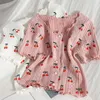 Kvinnors T-skjortor Heliar Kvinnor Cherry Print T-shirts Single-Breasted Short Hidees Knit Tees Ruffles Hollow Out Sweet High Street Tops
