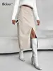 Skirts Bclout Fashion Khaki Leather Long Women 2023 Autumn Black Office Lady Slit Pu Elegant Pockets Sexy Straight