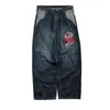 Kvinnors jeans JNCO Retro Flame Pocket Print Ejressed Straight Harajuku Washed Hip Hop Street Loose Casual High Maisted Wide Ben