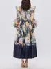 Lässige Kleider VGH Colorblock Blumendruck Vintage für Frauen Rundhals Langarm Hohe Taille Elegantes Kleid Weiblicher Modestil