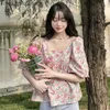 Women's T-Shirt Print Vintage Blouses Women Aesthetics Harajuku French Crop Gentle Baggy Square Collar Summer Y2k Clothes Girlish Sweet TemperL231208