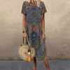 Casual Dresses Bohemian lång kjol för damer Cashew Flower Print Elegant Short Sleeve Overdimensionerad mode Summer Women Clothing