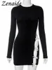 Vestidos casuales básicos Zenaide 2023 Moda de invierno Bow Bodycon Mini vestido para mujeres Trajes elegantes Sexy Hollow Out Vestidos negros de manga larga 231207