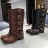 2024 Designer Luxury Boots Women Tall Boots Shoes Y2K Style Brown Leather Biker Boot Round Toe Chunky Heel Martin Boots Belt Buckle Trim