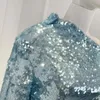 Casual Dresses Light Blue Shining Sequins Midi Dress For Party 2023 Arrivals Top Quality Elegant Bodycon Inclined Shoulder Women Clothes