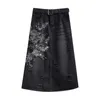 Skirts European Mid - Length Denim Skirt Women Half Female Plus Size Embroidered Flower Casual A Line