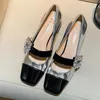 Sapatos de vestido Mary Janes Mid Saltos Mulheres Luxo Cristal Primavera 2024 Square Toe Lolita Zapatos Chunky Elegant Bombas Femme