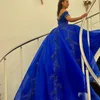 2024 Luxury Blue Shiny Quinceanera Robes de l'épaule pour 15 fêtes Princess Appliques Perles de lacet Robe de fête d'anniversaire