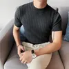 Men's T Shirts 2023 Style Men High Grade Solid Color Stripe Knit T-shirt/Male Slim Fit Fashion Collar Short Sleeve T-shirt Black White