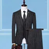 Men's Suits Men Suit (Blazer Vest Pant) Black Gray One Button Stripe Wedding Dress Banquet Business Elegant Slim Fit Jacket Male 3 Piece Set