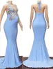 Aftonklänningar ljusblå prom klänning party ny anpassad plus size spets med dragkedja ärmlös sjöjungfrun paljetterad satinhalter