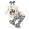 Clothing Sets Girls' Christmas Set Children's Knitted Jumpsuit Leopard Print Bow Bell Bottom Pants Headscarf Three-piece Baby Clothes Girl