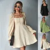 0C62N658 Autumn Women's Dress Puff Sleeve Långärmad fransk a-line kjol midja tillbakadragande ruffle edge premium anpassning bj