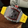 138 6-pin Luxe Richard nieuwe heren hoge kwaliteit diamant quartz horloge holle glazen achterkant roestvrijstalen kast horloge zwart rubber