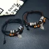 Vintage Multilayer Braided Leather Bracelets for Women Men Wax Rope Leaves Pendant Bracelet Wristbands Adjustable Wrap Bangles