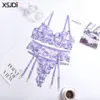 Requintado floral renda transparente push-up sutiã tanga liga cinto 3 peças lingerie sexy conjunto
