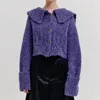 Kvinnors tröjor Cardigan Single-Breasted Purple Doll Collar Skräddarsydd ull öppen front stickad Slim-Fit 2023 Vinterkvinnor Korea Designer