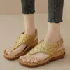 Zapatos de vestir de lujo lentejuelas doradas cuñas sandalias mujeres 2023 verano clip toe plataforma sandels mujer talla grande 43 tacón casual