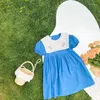 Mädchen Kleider Sommer Mode Sailor Kragen Stickerei Blau Prinzessin Mädchen Baumwolle Kurzarm Kleid