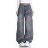 Jeans femininos y2k harajuku perna larga cintura alta pockest rosa jeans calças primavera verão feminino vintage rasgado rua denim calças 231207