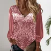 Camicette da donna Camicetta a maniche lunghe con scollo a V con paillettes in poliestere da donna per camicia pullover traspirante di media lunghezza con patchwork lucido Autunno