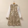 2024 Spring Gold Sequins Daneczna sukienka z koralikami biały kontrast Kolor długiego rękawu Peter Pan Neck Krótkie sukienki S3D041130