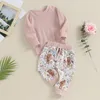 Set di abbigliamento Pudcoco Ragazza del bambino Autunno Abiti occidentali Waffle Solido Felpa a maniche lunghe Bovino Modello di fiore Pantaloni Abbigliamento casual 0-3T