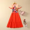 2024 Spring Orange Floral Embroidery Sheer Tulle Dress Short Sleeve Round Neck Sequins Midi Casual Dresses S3D041123