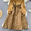 Robes décontractées Cour rétro Maxi pour femmes Jacquard col en V Patchwork plis ceinturé femme robe longue automne élégant robes goutte
