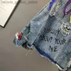 Kurtki damskie Podręcznik List z koralikami Graffiti Drukuj Kobiet damansowy wiosna jesień 2023 Blue Short Hole Jean Jacket Casual Veste Femme L231208