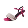 Sandales Rose Rouge Soie Femmes Perle Perles Chic Design Talons Hauts Bal Fête Chaussures D'été Noir Bride À La Cheville Sandalias Femininos