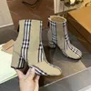 Designer listrado botas vintage verificação camurça couro chelsea botas mulheres tornozelo bota moda marrom saltos grossos inverno botas de salto grosso com caixa