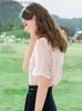 女性のTシャツI Beli You Summer Blouse Korean Summer 2022 New Chic VNeck Pullover Lace Short Sles Packwork Plaid Women Tops DLS213633AL231208