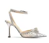 Sandales à talons hauts avec nœud en diamant et paillettes, chaussures pointues à sangle creuse, chaussures en cristal pour femmes, nouvelle collection 2023