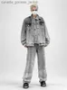 Giacche da donna Boliyae American Retro Grey Giacca di jeans e pantaloni Set da uomo Splicing Design Cappotto Jeans Y2K Moda vestito da cowboy lavato Autunno L231208