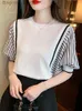 Kadın T-shirt H Han 2023 Bluz Kadınlar O-Yastık Patchwork Stripes T-Shirts Ofis Bluz Zarif Moda Kısa Sle Vintage Gevşek Topsl231208