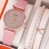 Andere Horloges 2Pc Armband Horloge Set Mooi Roze Lederen Band Quartz voor Dames Dames Casual Dress Klok Polshorloge Reloj Mujer 231207