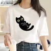 Camiseta feminina estilo coreano algodão solto gato preto estampa curta trenó camiseta para mulheres e homens no verão casual faculdade casal top 100% algodãoL231208