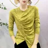Kadın Tişörtleri İnce Şık Çok Yönlü Çapraz Şekli Şerit Dekorasyon İlkbahar Yaz T-Shirts Artı Boyut O boyun altın düğmesi Tasarım Çoklu