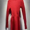 Casual Dresses Women Red Or Stripes Knit Dress Mohair Wool Blends Slim Elastic Waist Long Sleeve 2024 Spring Female Mini Robes