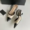 Womens Slingbacks Vestido Sapatos Designer Tweed Sandálias Deslizamento em Couro Patente Sexy Sapato De Casamento Dedos Pontiagudos Ajustável Fivela De Tornozelo Slides Senhoras Lazer Sapato