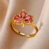 Wedding Rings Zirkon Maple Leaf Ringen voor vrouwen Roestvrij staal Goud Opening Plant Ring Fashion Koreaans Wedding Party Joowerly Gift