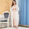 Etnische Kleding Wit 2023 Polyester Moslim Sets Zomer Mode Vrouwen Lange Mouw V-hals Abaya Met Binnenjurken Jurk