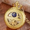 Pocket Watches Hand-WInd Mechanical Pocket Watch Vintage Hollow Blue Moon Star Steampunk Skeleton Watch Roman Numerals Clock With Fob Chain 231208