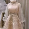 Robes de luxe à col haut et perles scintillantes, Champagne, manches longues, arabe dubaï, Robes de soirée pour femmes, 2024