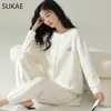 Salotto da notte da donna SUKAE Waffle Cotton Stile coreano minimalista Pigiama da donna Primavera Autunno Maniche lunghe Lady Sleepwear Kawaii Girocollo Homesuits 231208