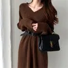 Temperament straight knit V-neck dress with hidden meat, autumn and winter women's mid length knee length loose bottomed woolen dress