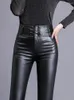 Women's Pants Winter In Leisure Fashion Slim Fit Leggings PU Trousers Plush Warm Elastic Small Feet Pencil Y2k