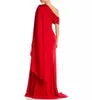 エレガントな長い赤い赤い肩のイブニングドレススリット/ケープマーメイドクレーププリーツプロムドレスイスラム教徒のスイープトレインパーティードレス女性のためのドレス